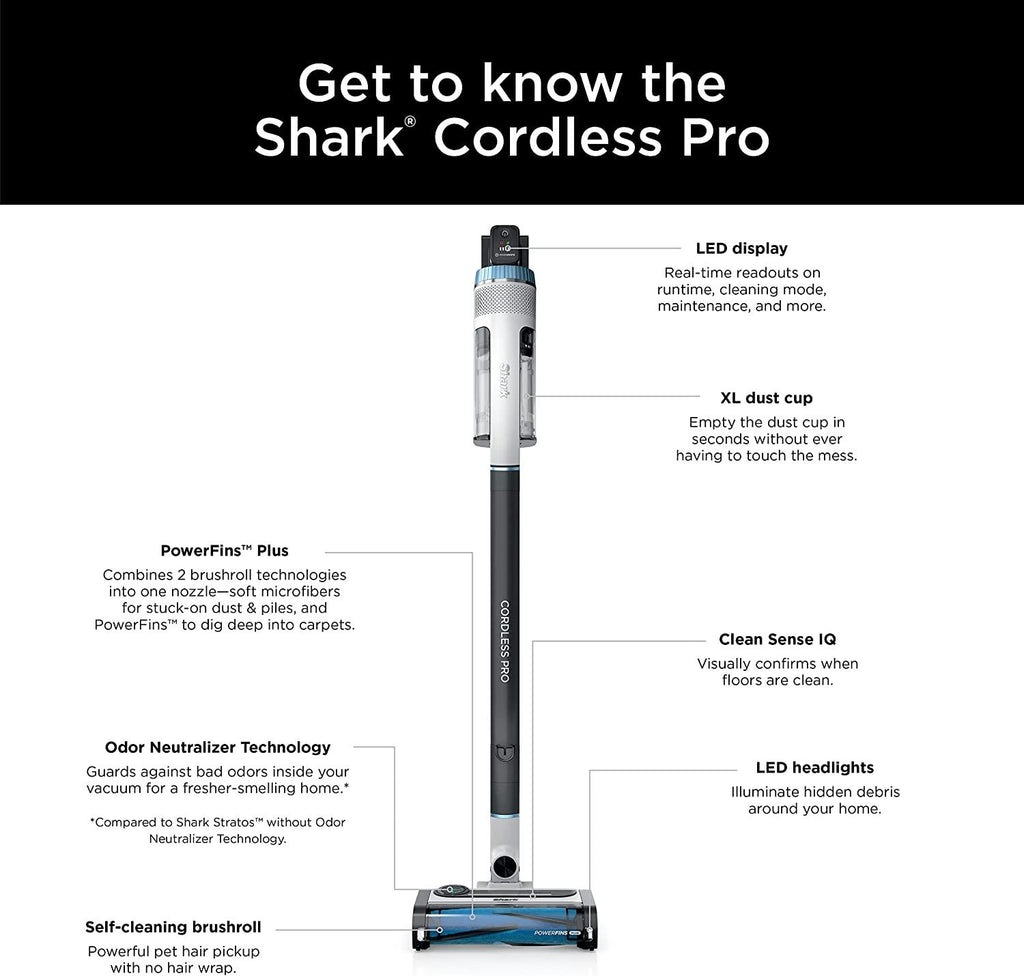 Shark IZ562H Pro Cordless Vacuum with Clean Sense IQ and Odor Neutralizer, PowerFins Plus Brushroll, Includes Duster Crevice Tool &amp; Pet Multi Tool, Up to 40 Minute Runtime, Light Blue