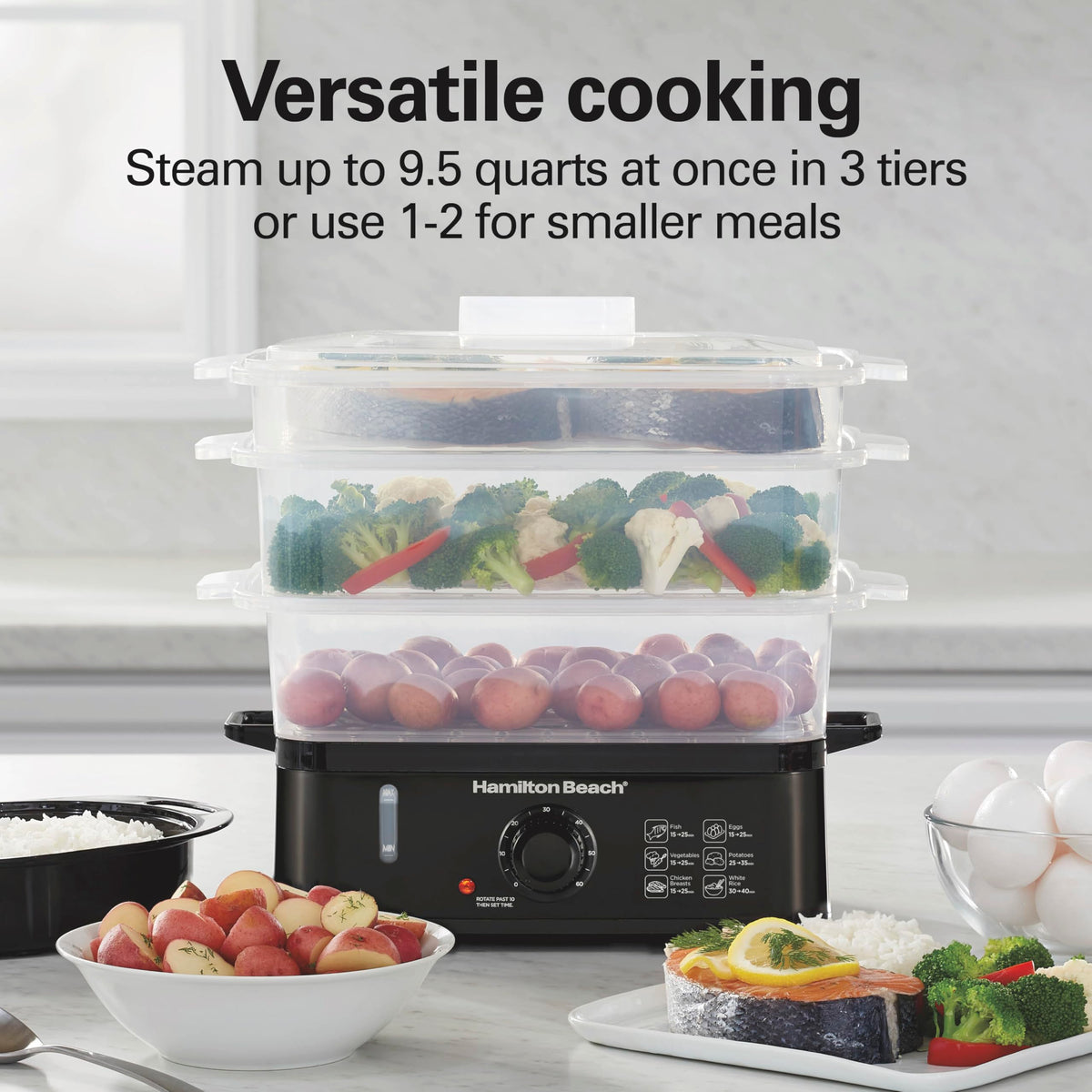 Electric Food Steamer, Rice Cooker & Egg Boiler | For  Healthy Coo| 9.5 Qt. Stackable Three-Tier Bowls For Vegetables and Seafood | Auto Shutoff | Black