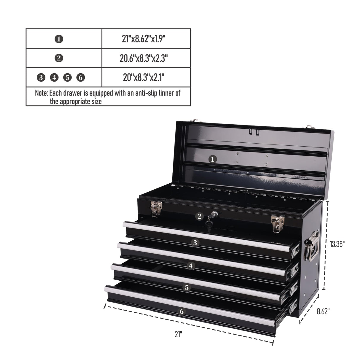 21-Inch Heavy Duty Metal Tool Box,4-Drawer Portable Steel Tool Chest with EVA Liners,Ball Bearing Slides,Lock & Lid, Powder Coated,200LBS,Garage/Workshop/Home/Auto Mechanics Stora(4, Black)