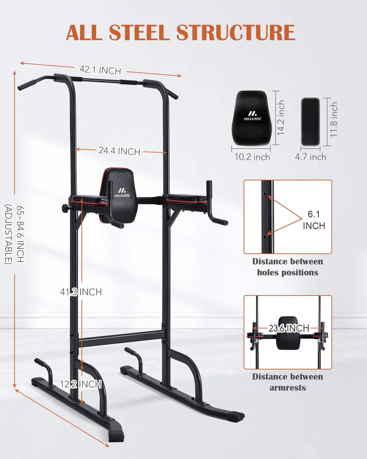 MaxKare 4 Level Adjustable Power Tower Workout Dip Stand Pull Up Bar Station-Strength Training Fitness Exercise Equipment for Home Gym 380 lbs Load Capacity