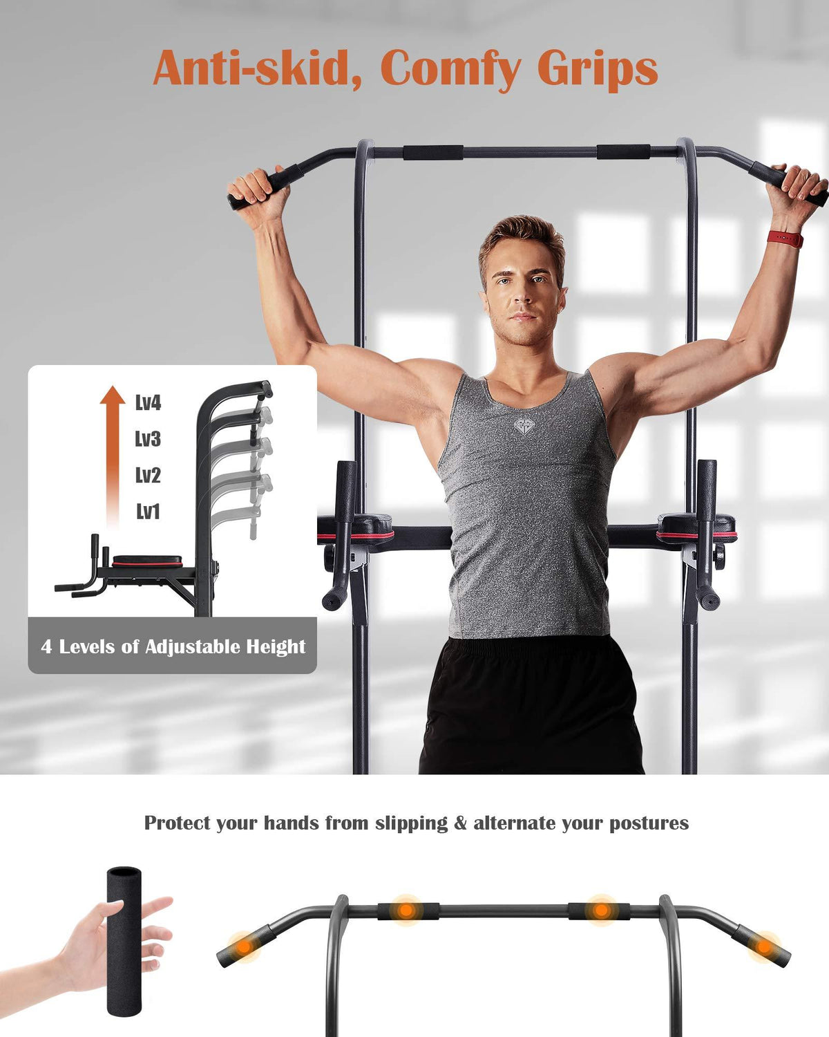 MaxKare 4 Level Adjustable Power Tower Workout Dip Stand Pull Up Bar Station-Strength Training Fitness Exercise Equipment for Home Gym 380 lbs Load Capacity