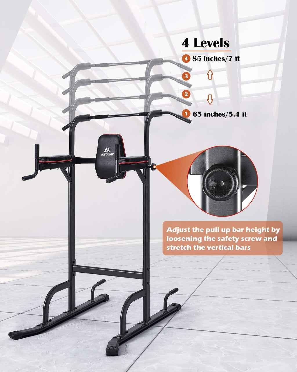 MaxKare 4 Level Adjustable Power Tower Workout Dip Stand Pull Up Bar Station-Strength Training Fitness Exercise Equipment for Home Gym 380 lbs Load Capacity