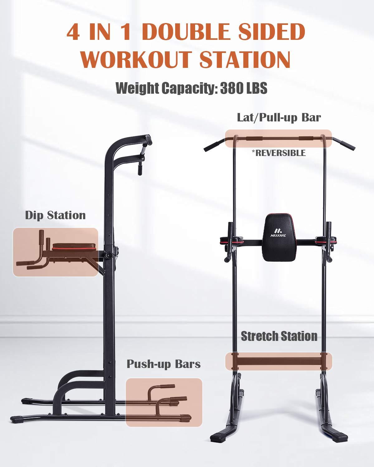 MaxKare 4 Level Adjustable Power Tower Workout Dip Stand Pull Up Bar Station-Strength Training Fitness Exercise Equipment for Home Gym 380 lbs Load Capacity