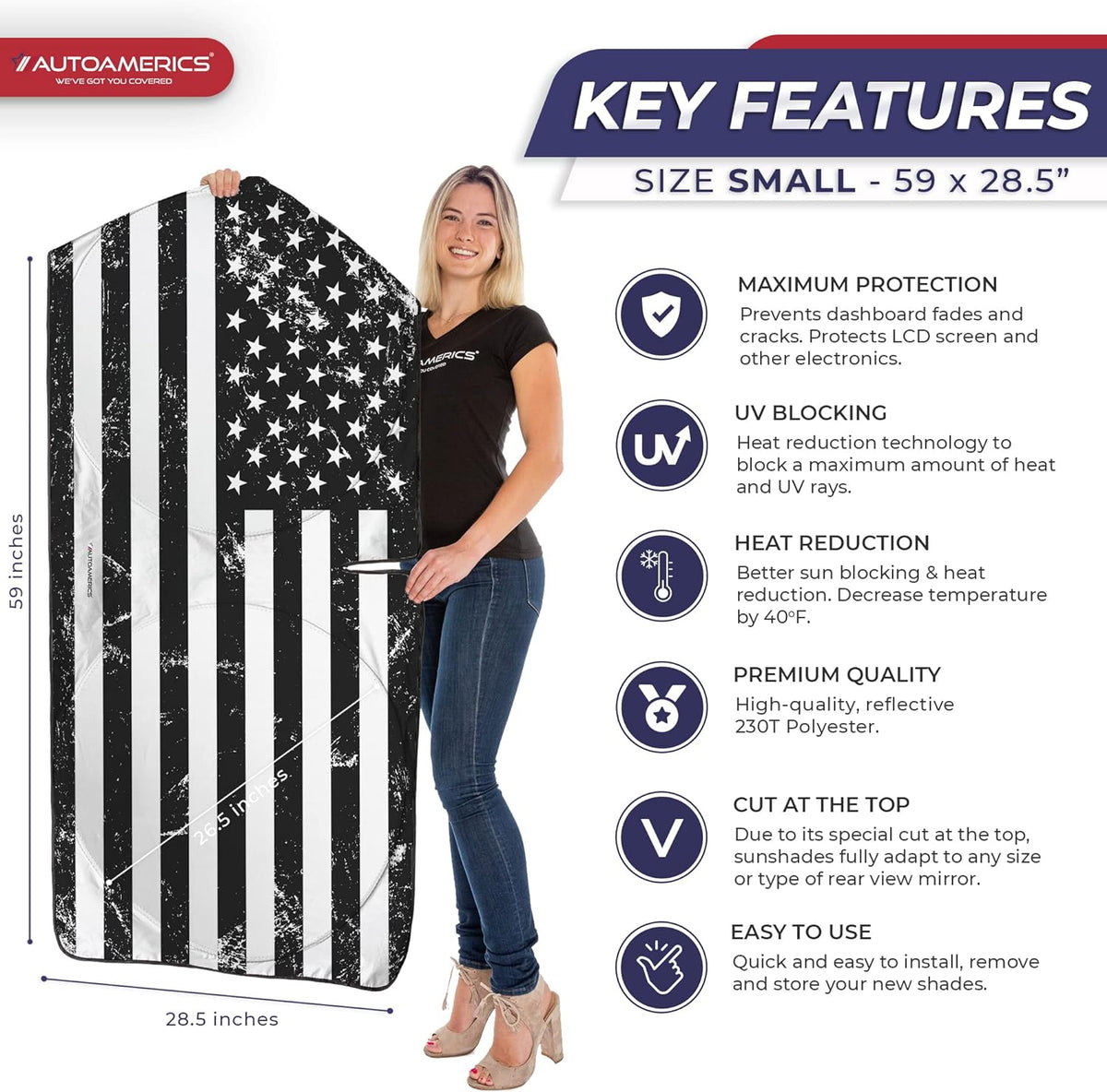 Autoamerics 1-Piece Windshield Sun Shade Grunge B&amp;W American Flag USA  - Foldable Car Front Window Sunshade for Most Sedans SUV Truck - Blocks Max UV Rays and Keeps Your Vehicle Cool - Small