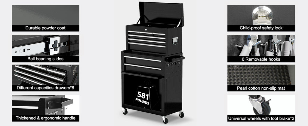 8-Drawer Rolling Tool Chest with Multiple Drawers, Heavy Duty Metal Tool Cabinet for Garaand Workshop Storage, Lockable Top Chest, Black