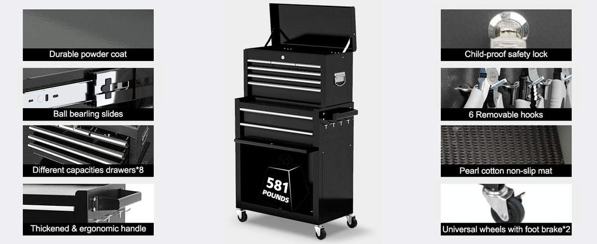 8-Drawer Rolling Tool Chest with Multiple Drawers, Heavy Duty Metal Tool Cabinet for Garaand Workshop Storage, Lockable Top Chest, Black