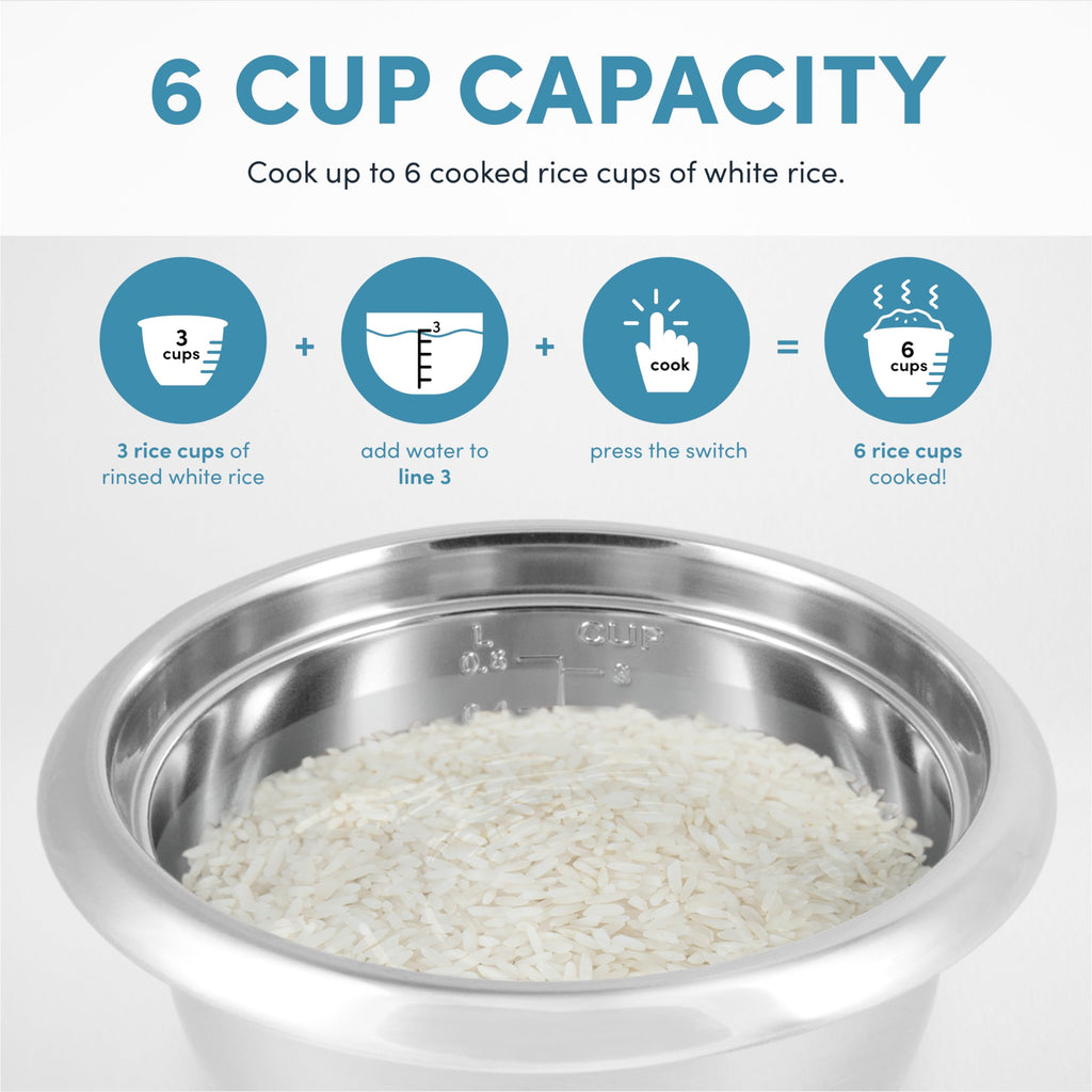 Housewares Select  Rice Cooker & Warmer with Uncoated Inner Pot, 3-Cup(uncooked)/6-Cup(cooked)/ 1.2Qt, ARC-753SGB, Black