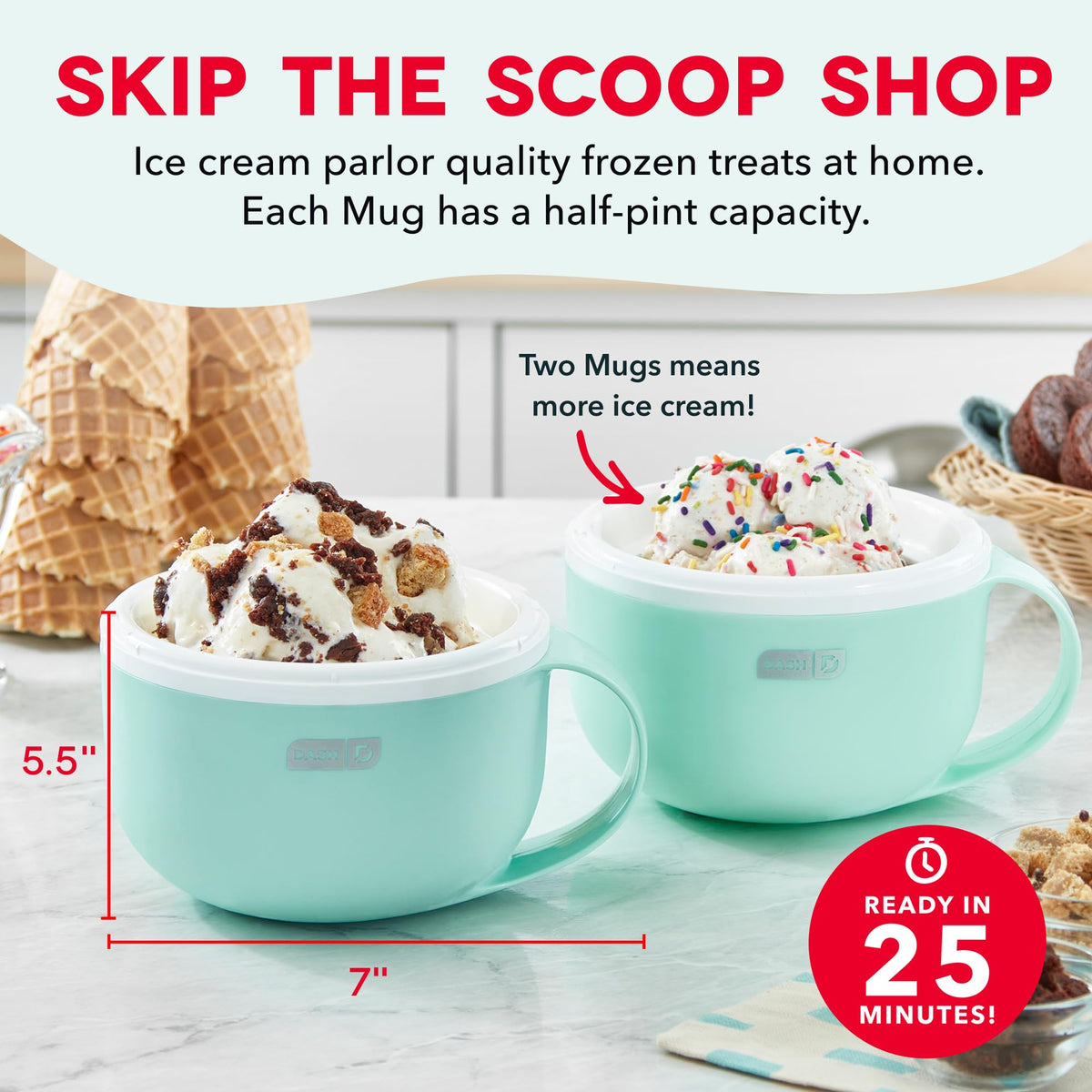 My Mug Ice Cream Maker 2 Pack Bundle | Electric Countertop Soft Serve Ice Cream Machine, 2 Single Serve Half-Pint Freezer Mugs with Ingredient Chute & Recipe Guide, Compact, Aqua
