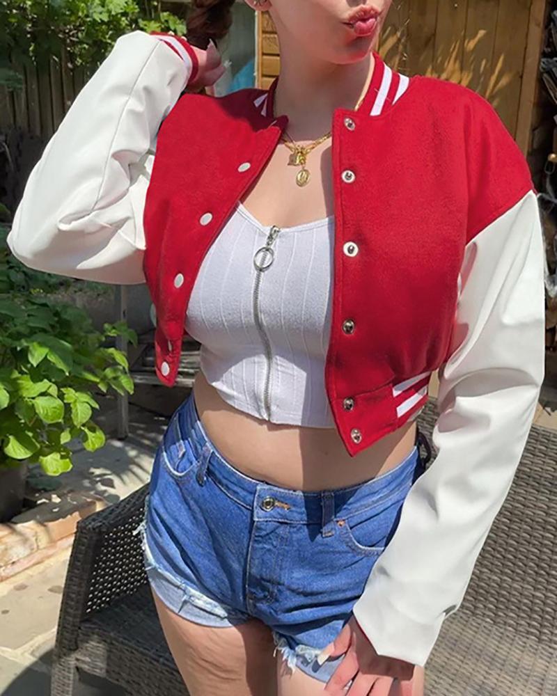 PU Leather Patch Striped Buttoned Baseball Jacket
