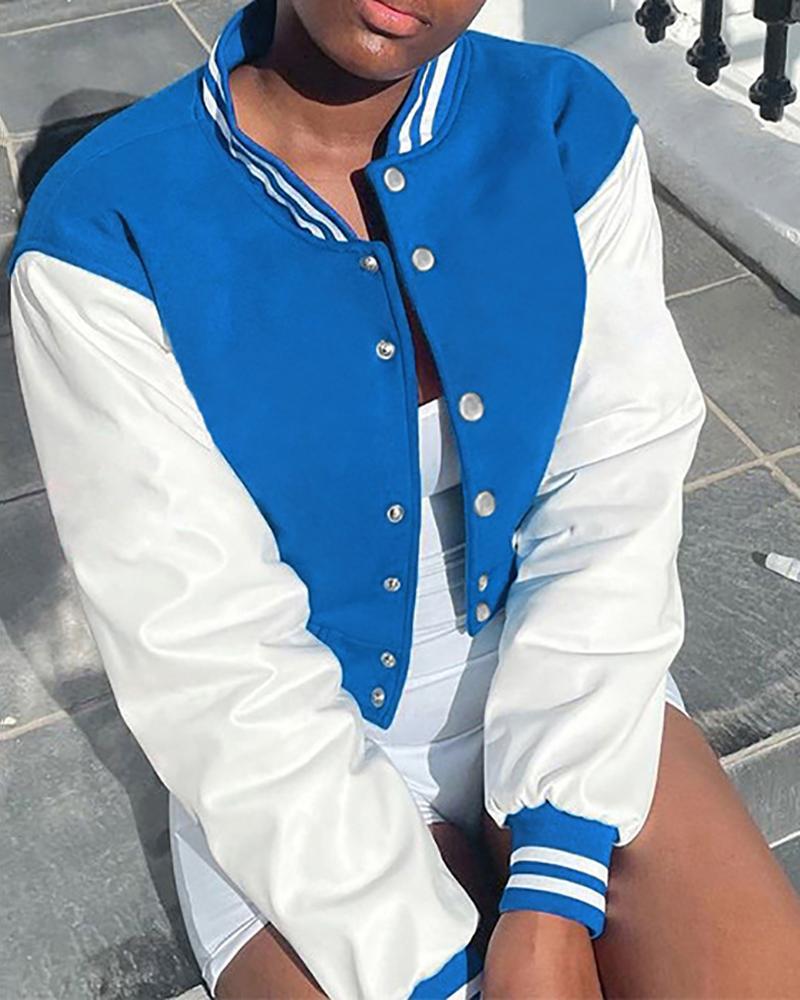 PU Leather Patch Striped Buttoned Baseball Jacket