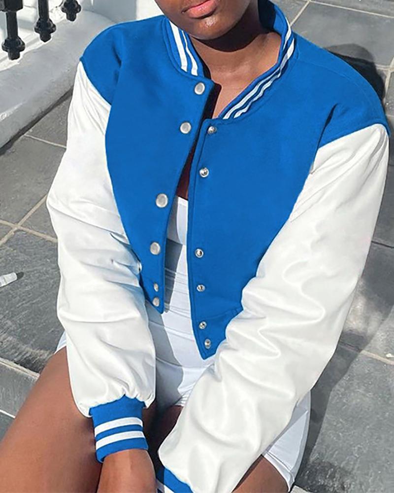PU Leather Patch Striped Buttoned Baseball Jacket