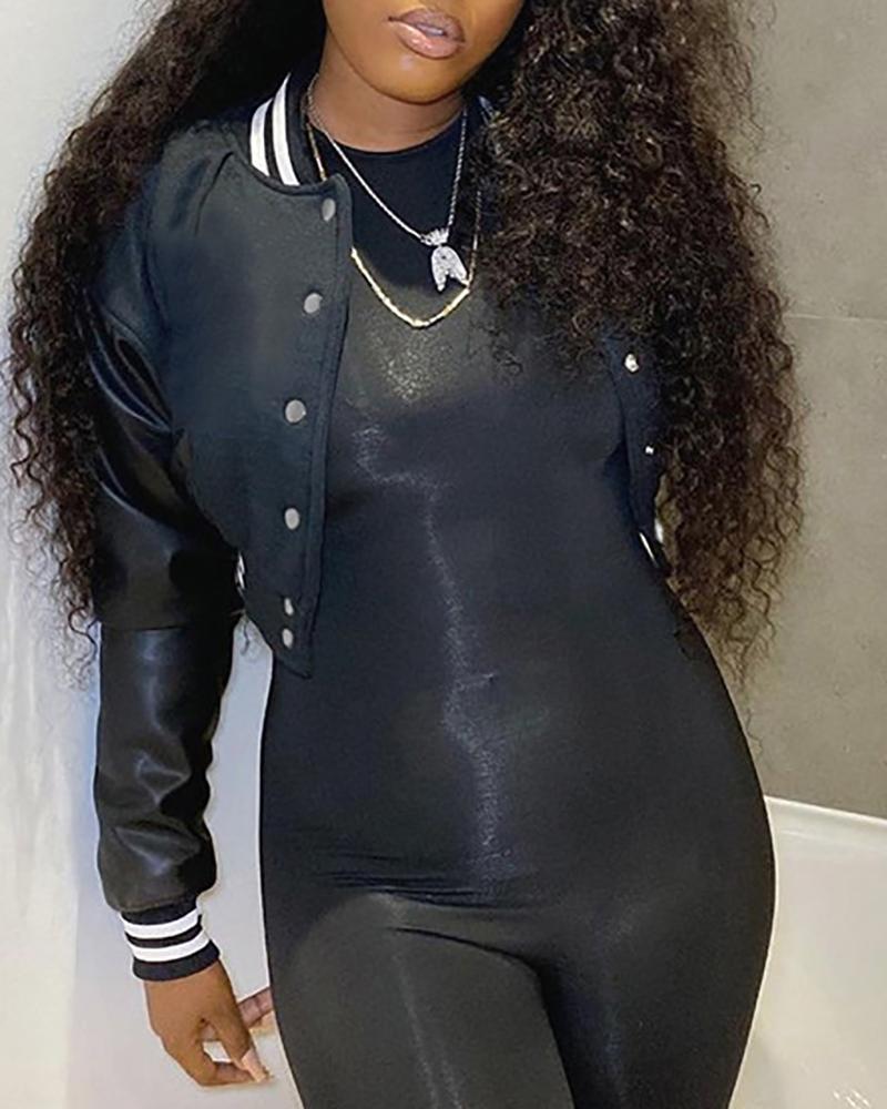 PU Leather Patch Striped Buttoned Baseball Jacket