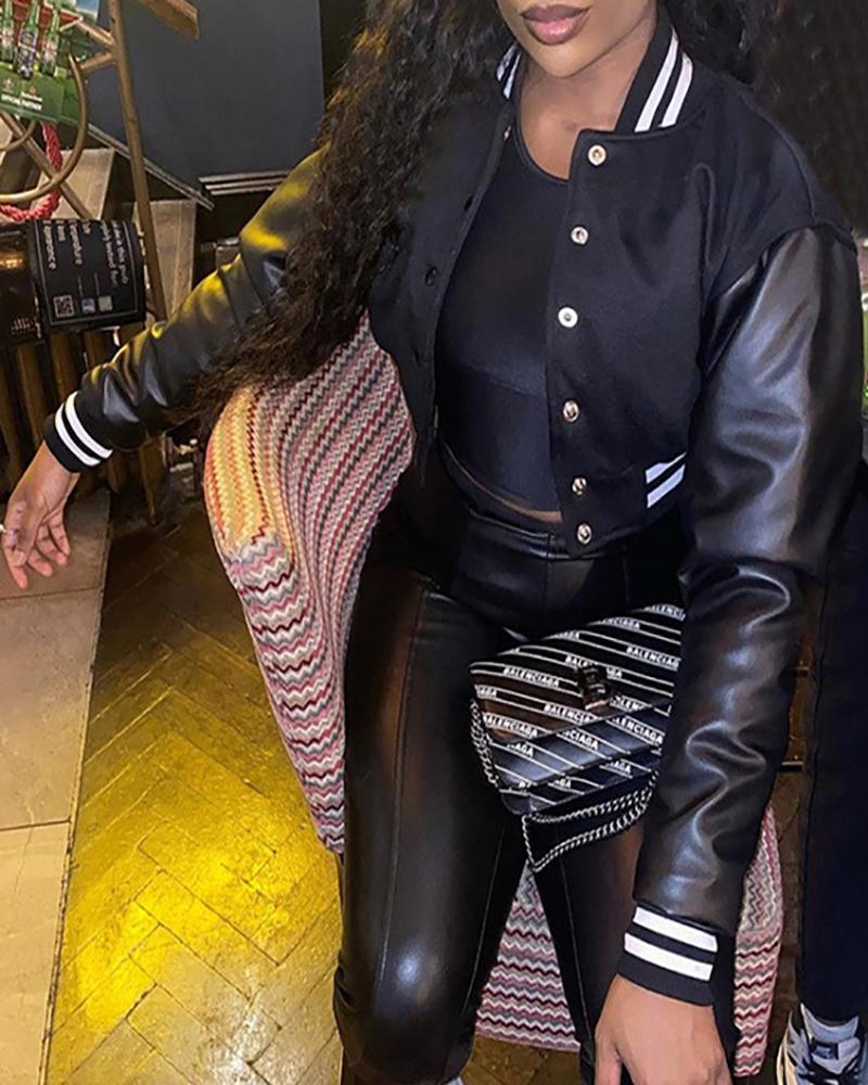 PU Leather Patch Striped Buttoned Baseball Jacket