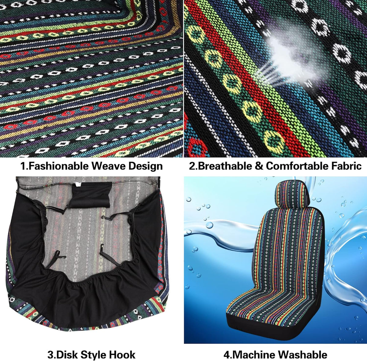 Pariitadin Baja Saddle Blanket Car Seat Covers Front Set with Seat Belt Pads, Washable Breathable Striped Woven Cloth Seat Covers for Cars, Universal Fit Most Cars, Airbag Compatible, Red/Blue