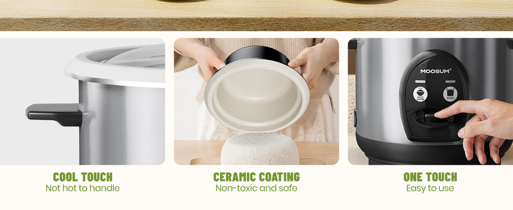 3-Cup Uncooked Rice Cooker Small - Ceramic Coating Non-Toxic Inner Pot, One-Touch Multifunction for Rice/Sauté/Yogurt, Dishwasher Safe, 1-3 People Size,  Steel