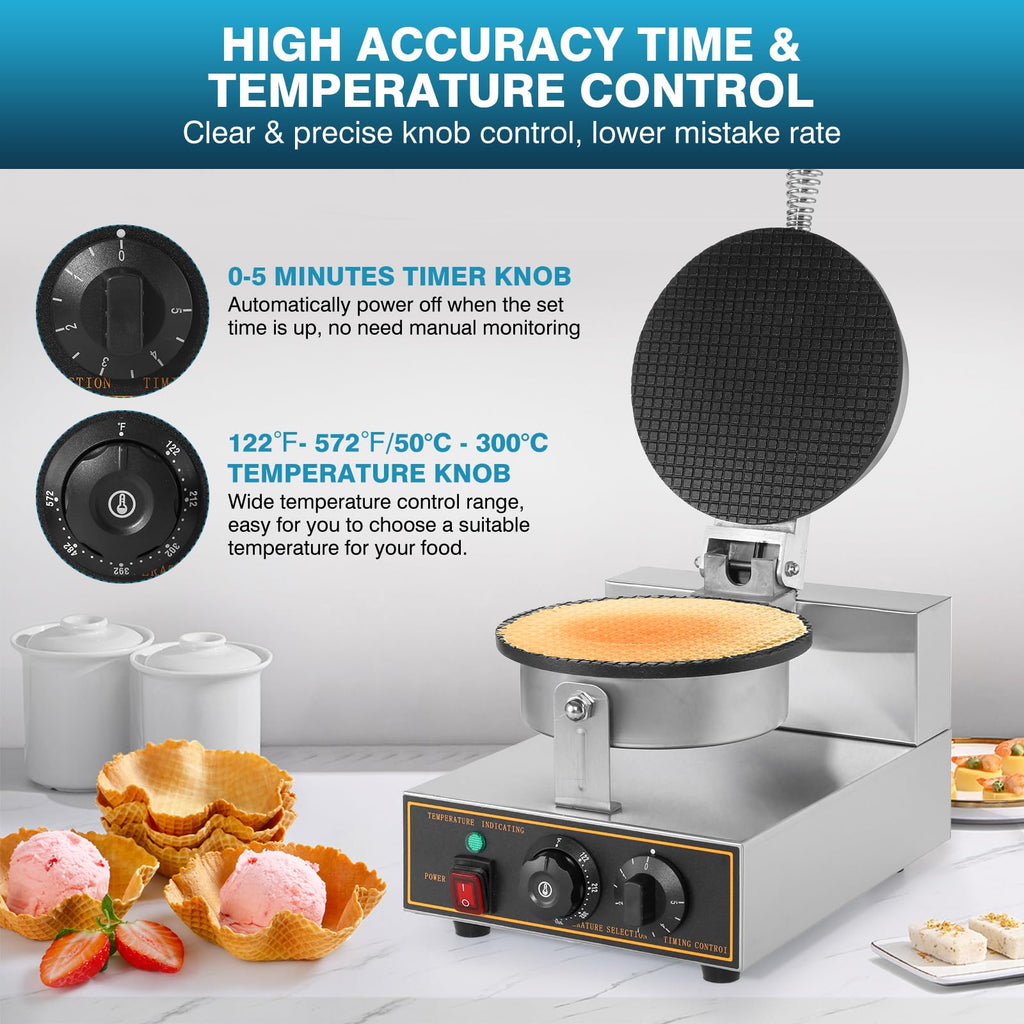 Commercial Waffle Cone Maker Machine, 110V 1200W  Steel Electric Ice Cream Cone Waffle Maker Machine with 8.3” Non-stick BaTray, Temperature & Time Control for Restaurant