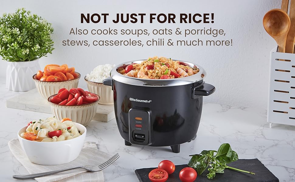 ERC006SS 6-Cup Electric Rice Cooker with  Steel Inner Pot, Makes Soups, Stews, Porridges, Grains and Cereals, 6 cup (3 cups uncooked), Black