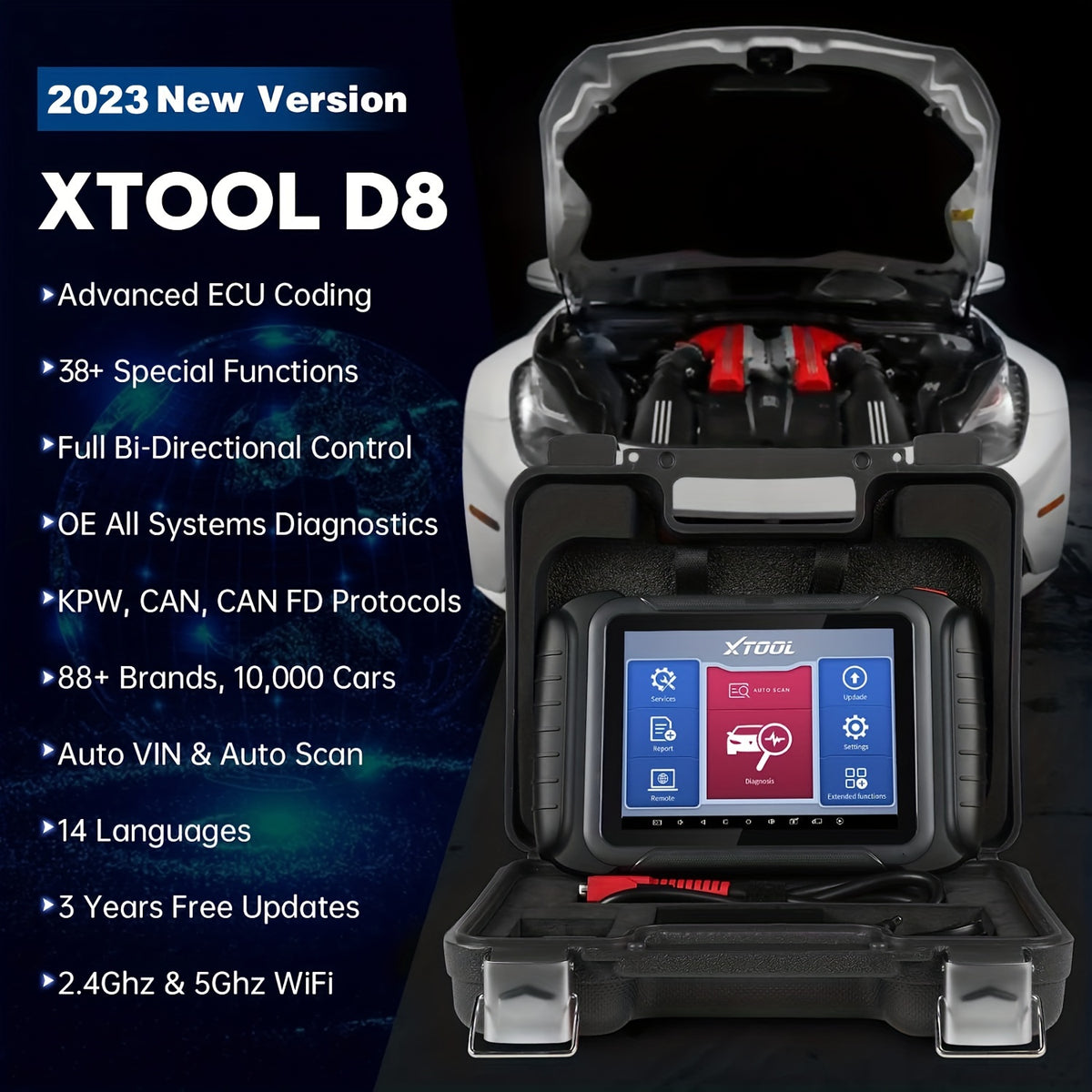 XTOOL D8 Automotive Diagnostic Scan Tools With ECU Coding, Bi-Directional Controls, 38+ Services, Key Programming, ABS Bleeding