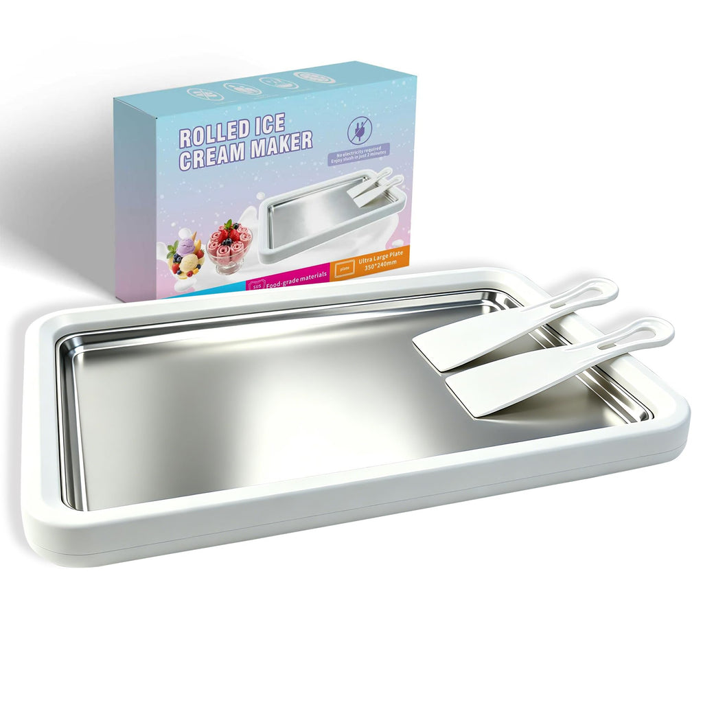 13.8 * 9.5 Inch Extra LarRolled Ice Cream Maker, Rolled Ice Cream Tray | Ice Cream Roller Maker Use 304 Food Grade Premium  Steel, Make  Ice Cream with Family at Home with 2 Spatulas