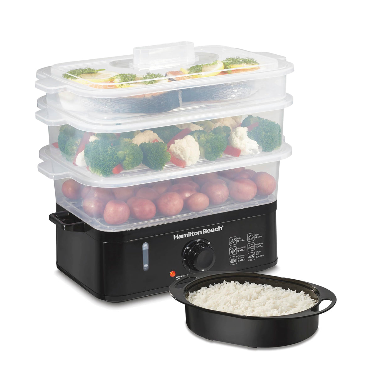 Electric Food Steamer, Rice Cooker & Egg Boiler | For  Healthy Coo| 9.5 Qt. Stackable Three-Tier Bowls For Vegetables and Seafood | Auto Shutoff | Black