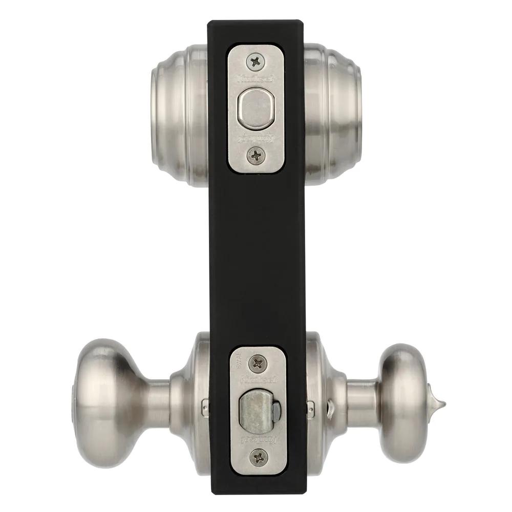Juno Satin Nickel Exterior Entry Door Knob and Double Cylinder Deadbolt Combo Pack Featuring SmartKey Security