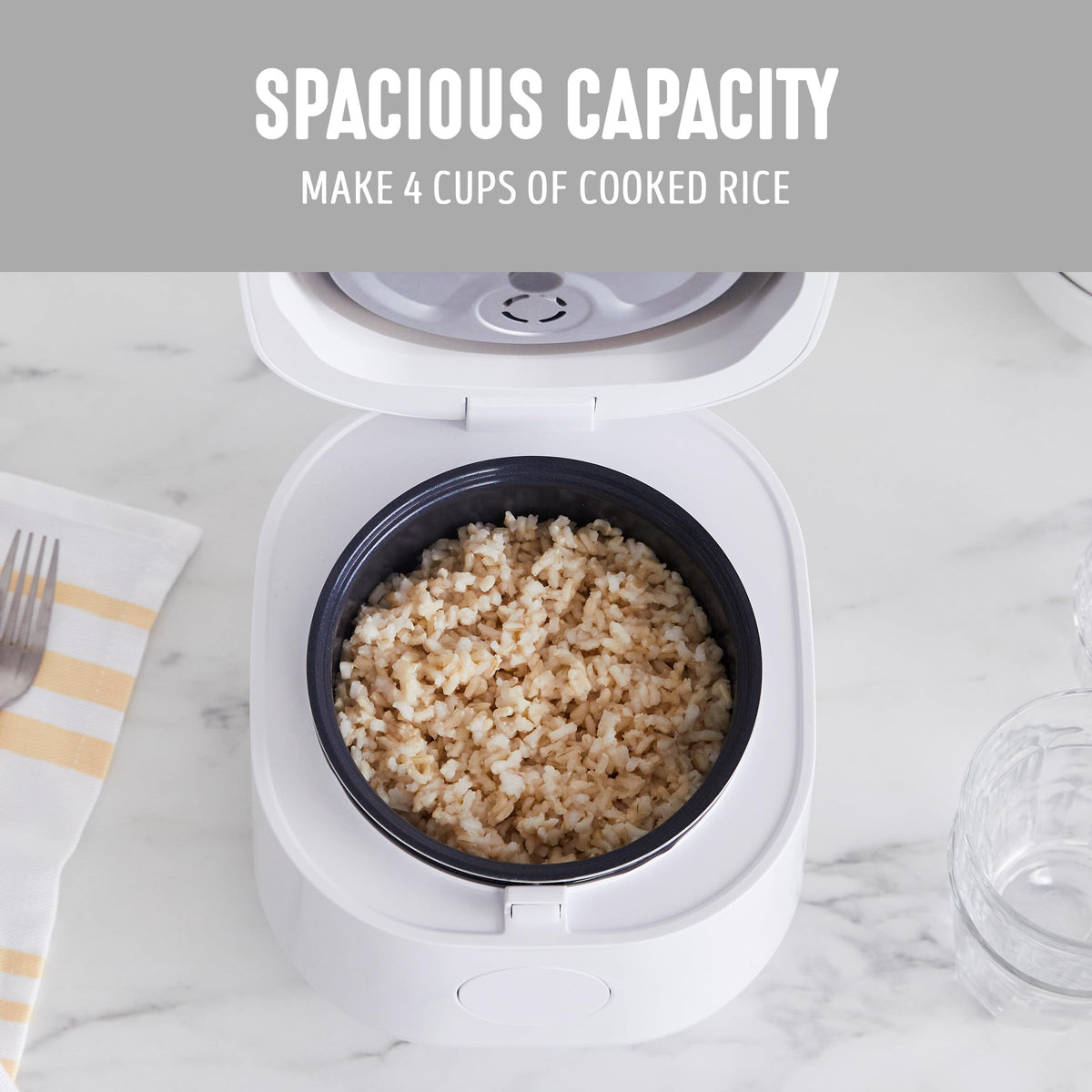 Digital Rice Cooker, 2-Cups Uncooked/4-Cups Cooked, Removable Nonstick Ceramic PFAS-Pot, One-Touch Presets, Oats, Quinoa, Brown Rice, Auto Keep Warm, Fuzzy Logic Tech, 1.5QT, White