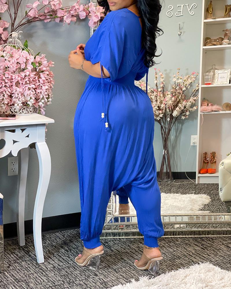 shirred short sleeve ruched harem jumpsuit