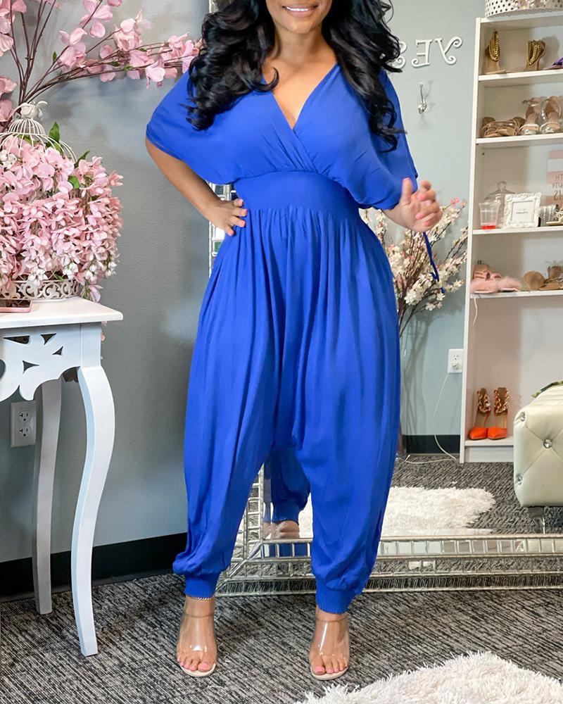 shirred short sleeve ruched harem jumpsuit