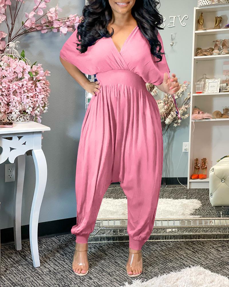 shirred short sleeve ruched harem jumpsuit