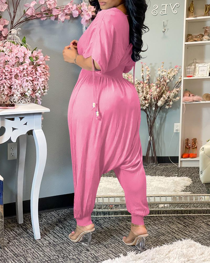 shirred short sleeve ruched harem jumpsuit