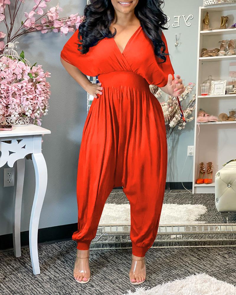 shirred short sleeve ruched harem jumpsuit