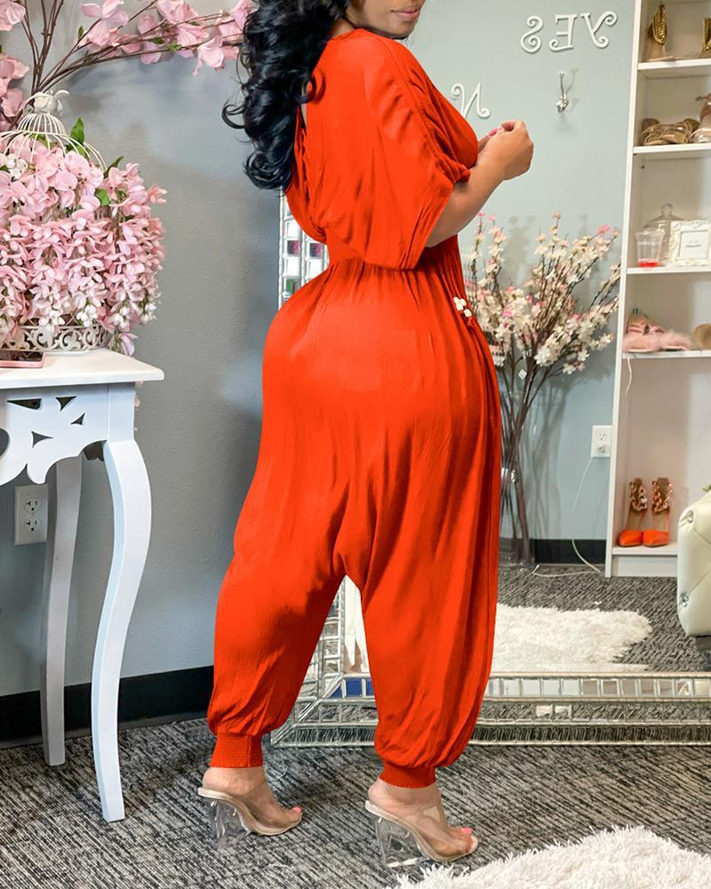 shirred short sleeve ruched harem jumpsuit