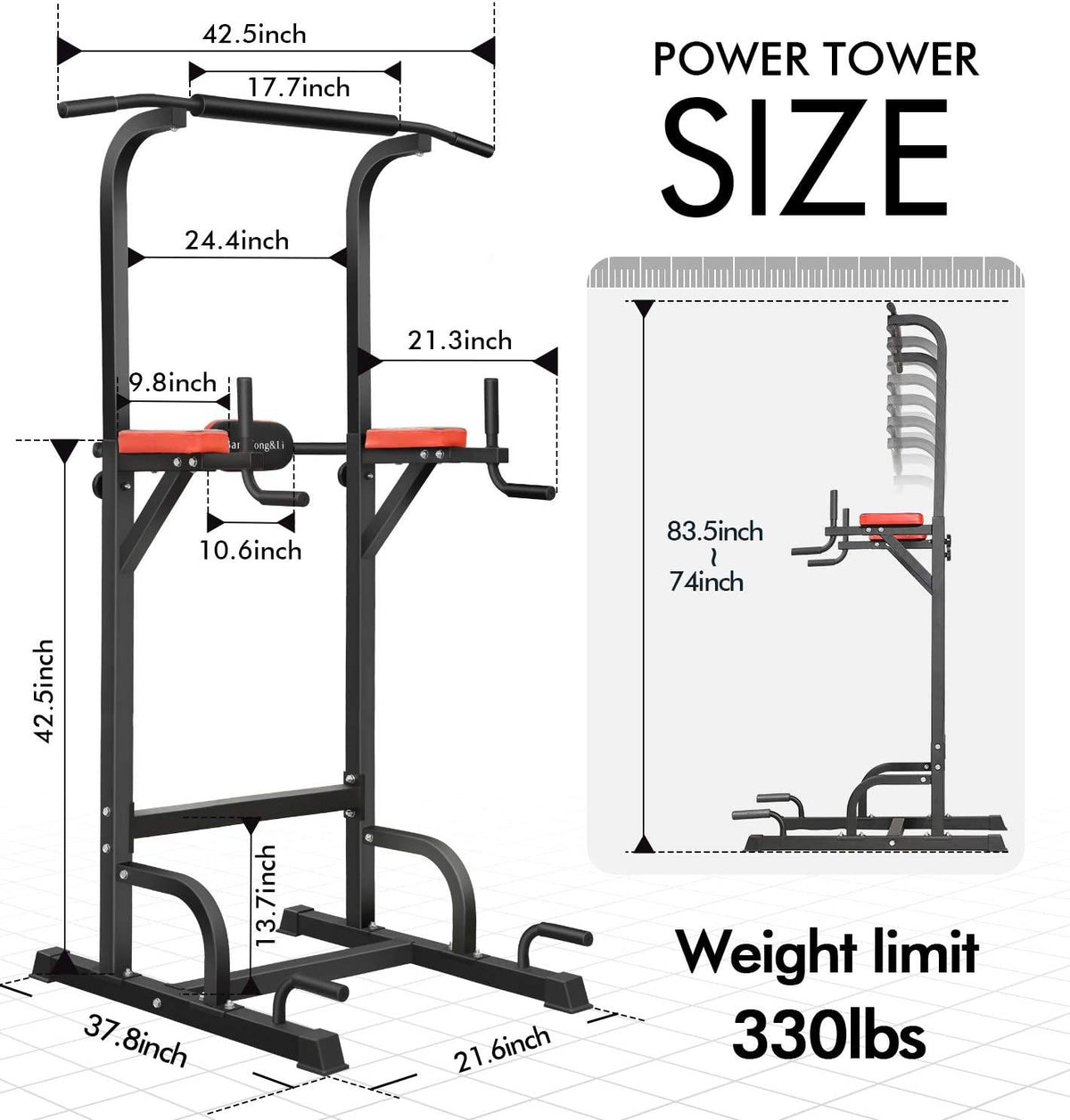 Power Tower Dip Station Pull Up Bar Adjustable Height Multi-Function for Home Gym Strength Training Workout Equipment