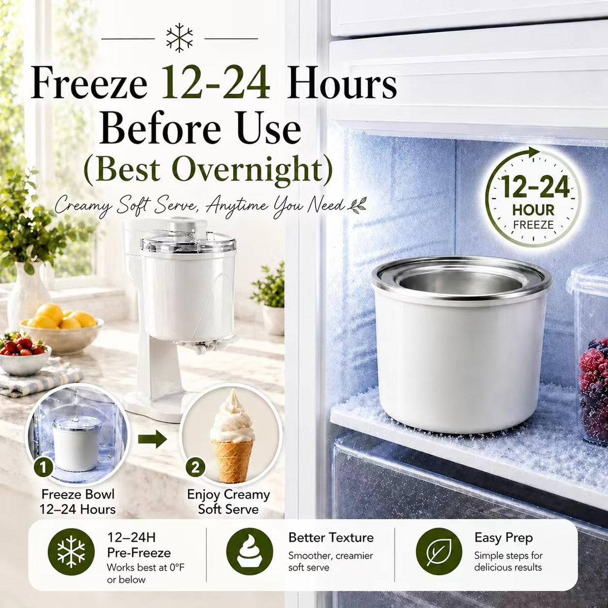 Soft Serve Ice Cream Machine with Freezer Bowl, 1.0 Qt Homemade Swirl Ice Cream Maker, Ice Cream Machine for Frozen Yogurt & Sorbet, 20–30 Min Fast Churn, Easy to Clean, Compact Appliance Gift
