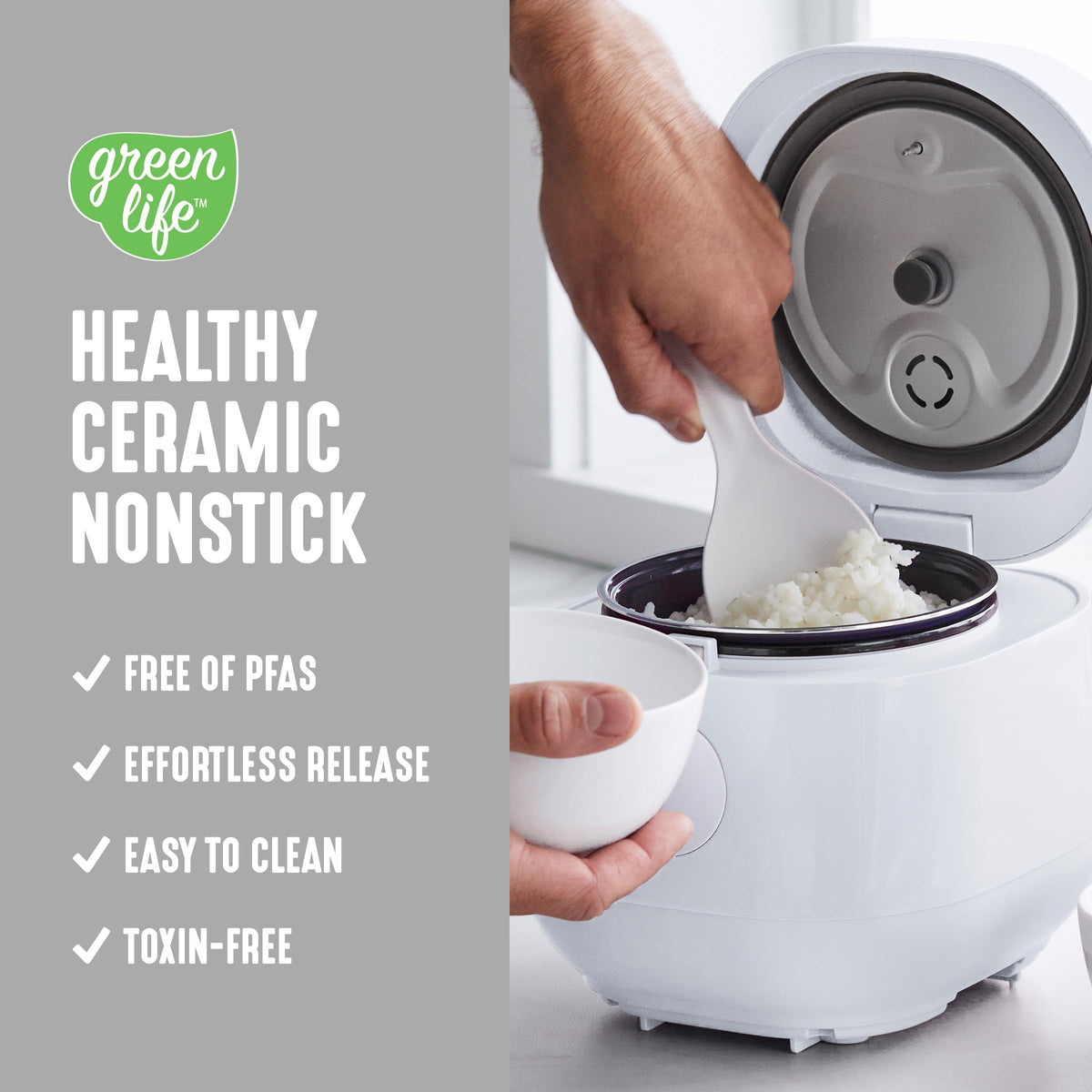 Digital Rice Cooker, 2-Cups Uncooked/4-Cups Cooked, Removable Nonstick Ceramic PFAS-Pot, One-Touch Presets, Oats, Quinoa, Brown Rice, Auto Keep Warm, Fuzzy Logic Tech, 1.5QT, White