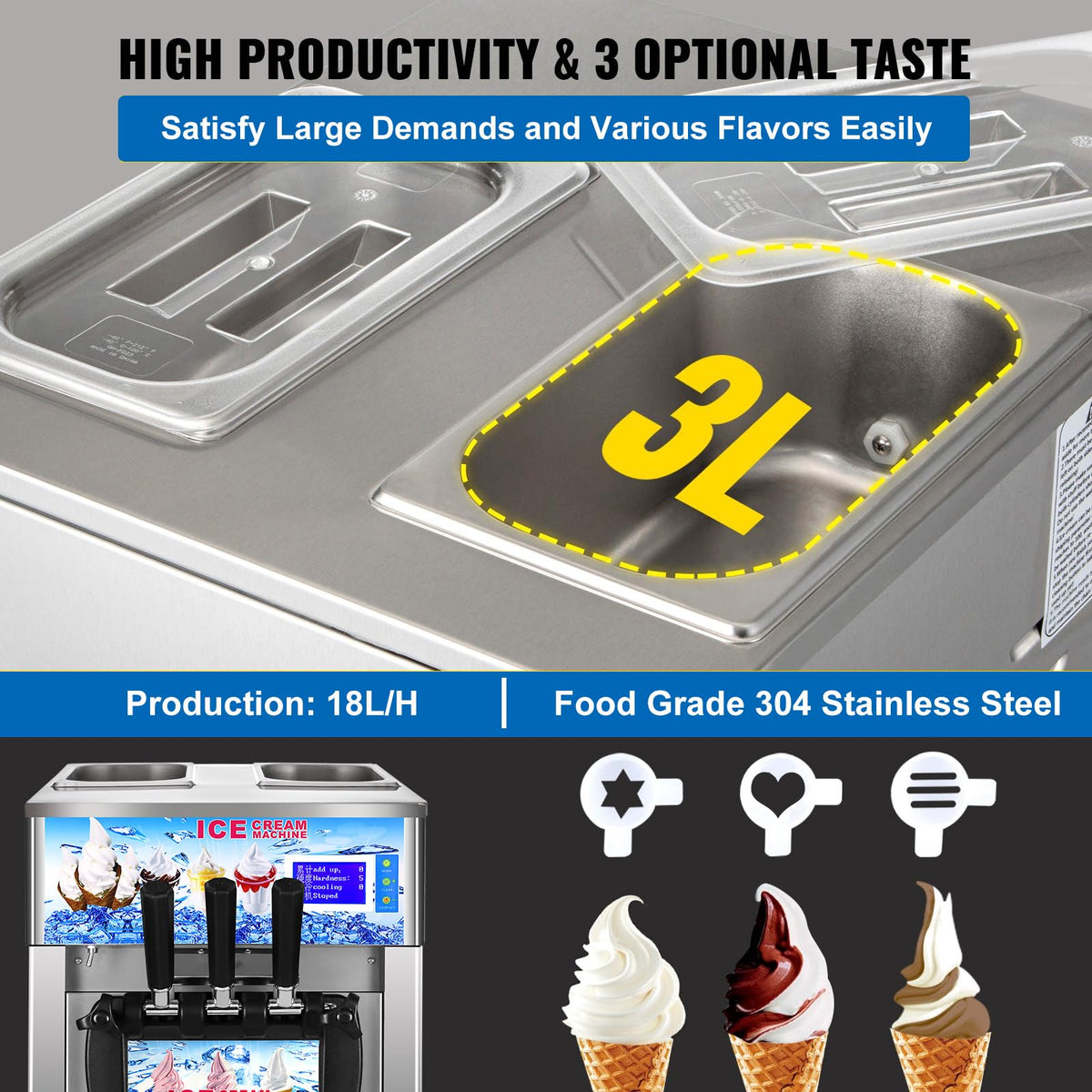 Ice Cream Machine Commercial, 18L/H Yield Soft Serve Ice Cream Maker, 3 Flavors, 1200W Commercial Soft Serve Ice Cream Machine with LCD Panel for Bars Coffee Shop