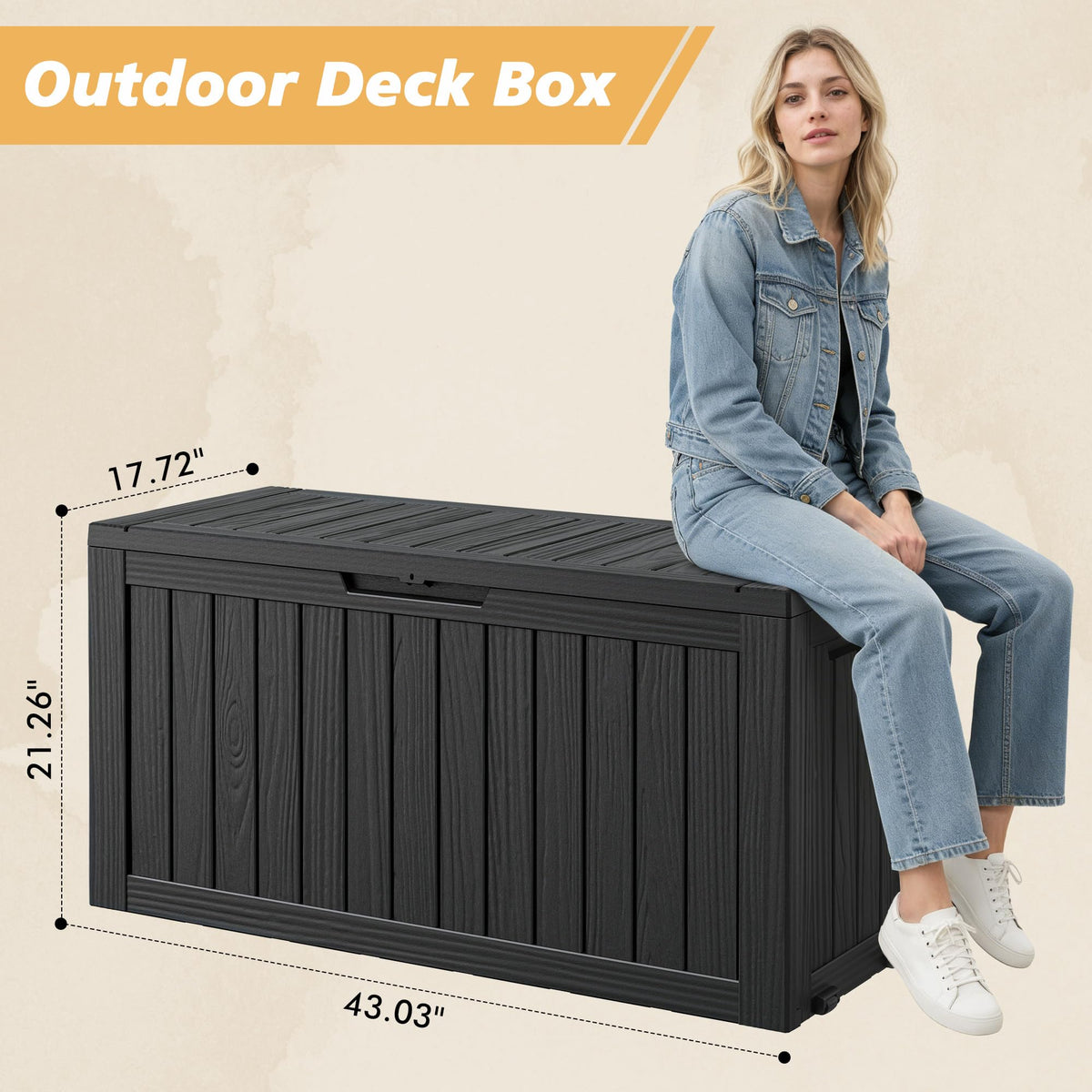 75 Gallon Outdoor Deck Box Waterproof, LarStoraBox for Patio, Resin StoraBench Lockable for Garden Tools, PackaDelivery, Black