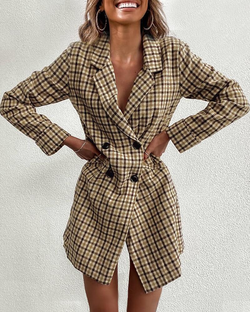 plaid lapel collar double breasted blazer