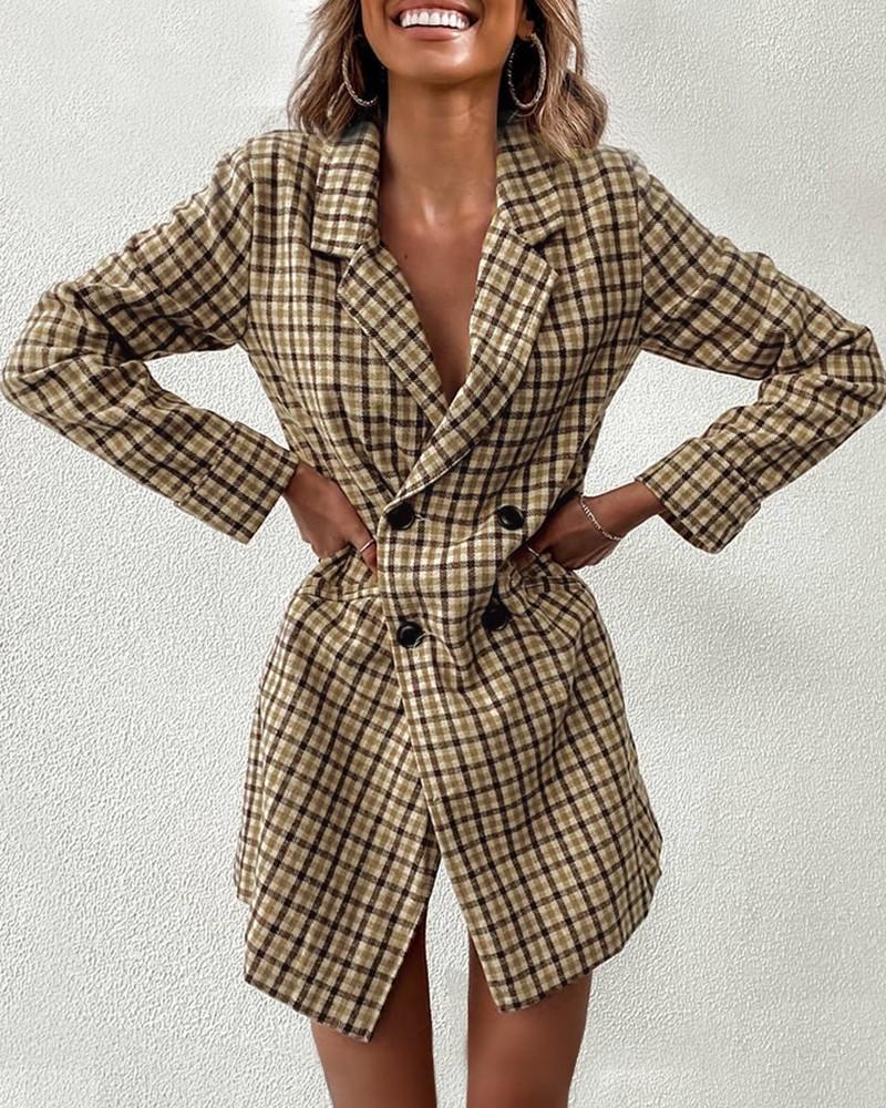 plaid lapel collar double breasted blazer