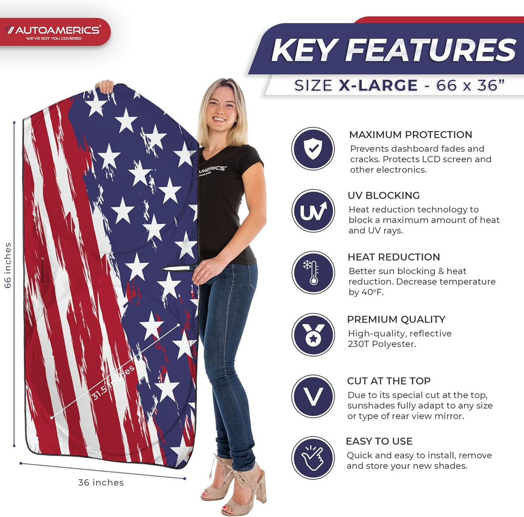 Autoamerics 1-Piece Windshield Sun Shade USA Art Flag - 2 American  - Foldable Car Front Window Sunshade for Most Sedans SUV Truck - Blocks Max UV Rays and Keeps Your Vehicle Cool - X-Large