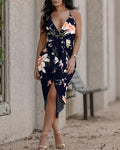 Floral Print Crisscross Backless Ruched Asymmetrical Dress