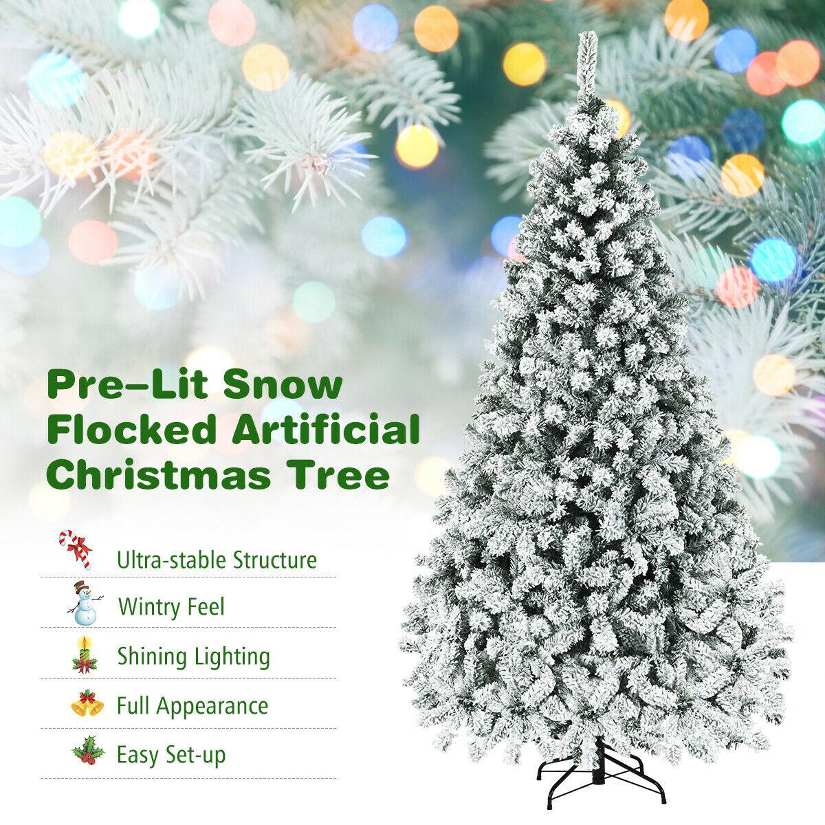 7.5' Pre-Lit Premium Snow Flocked Hinged Artificial Christmas Tree w/ 450 Light