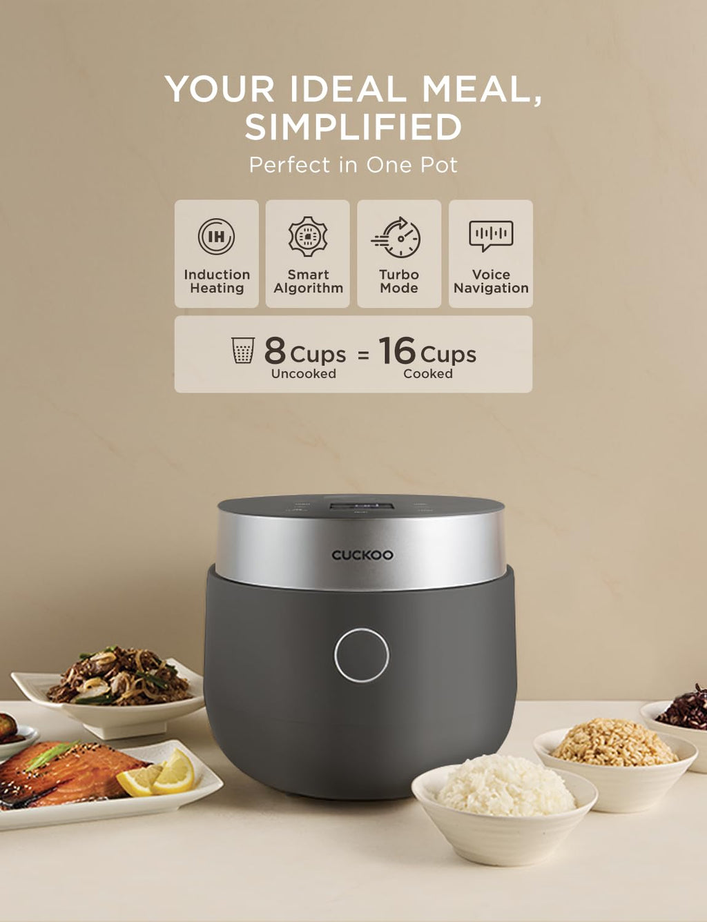 Non-Pressure Rice Cooker 8-Cup Uncooked / 16-Cup Cooked with Induction Heating Technology, Versatile Rice Maker with 12 Menu Options and Steam Plate, Voice Guide, Gray (CR-HA0810FG)