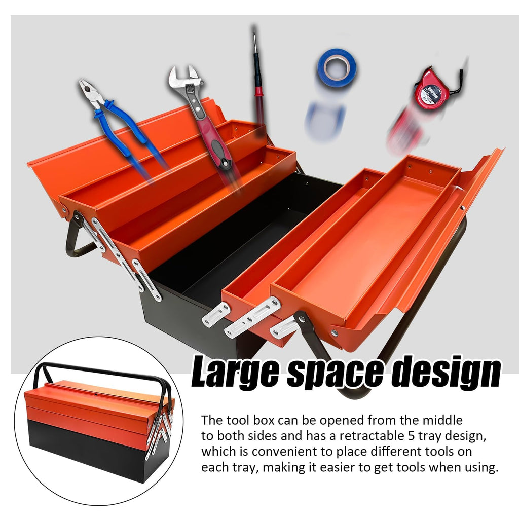 Metal Cantilever Tool Box, 18" * 8" * 8" Fold Out Tool Organizer with 3 Layers & 5 Trays, Portable Storafor Home, Studio, Auto Repair & Factory (Orange)