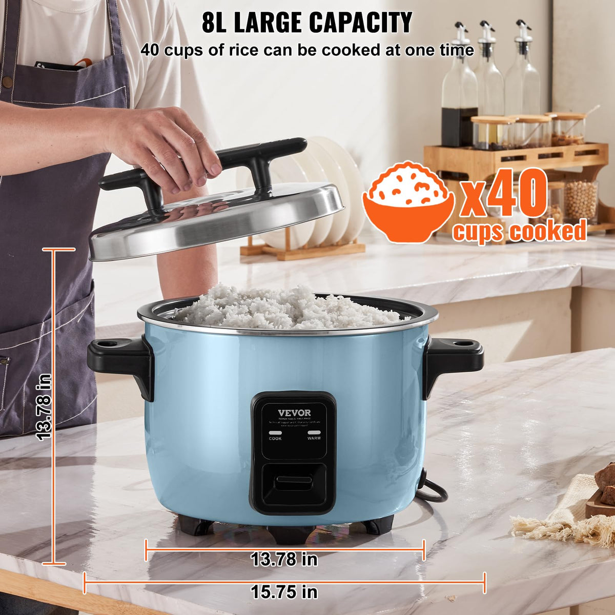 Commercial Rice Cooker, 40-Cup Rice Cooker, 8.45 Qt / 8 Liter LarRice Cooker and Warmer with Nonstick Inner Pot, Fast Cooand 24-Hour Keep Warm, with Rice Cup and Paddle, for Restaurant
