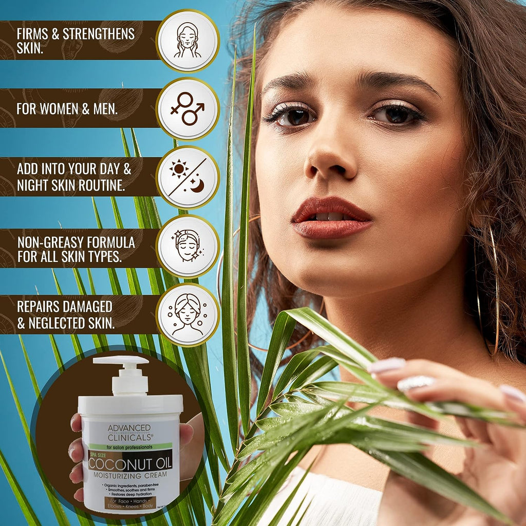 Advanced Clinicals Coconut Body Lotion Moisturizing Cream &amp; Face Lotion For Women &amp; Men | Coconut Lotion | Natural Coconut Oil Cream Skin Care Moisturizer Body Butter Balm For Dry Skin, 16Oz, 2-Pack
