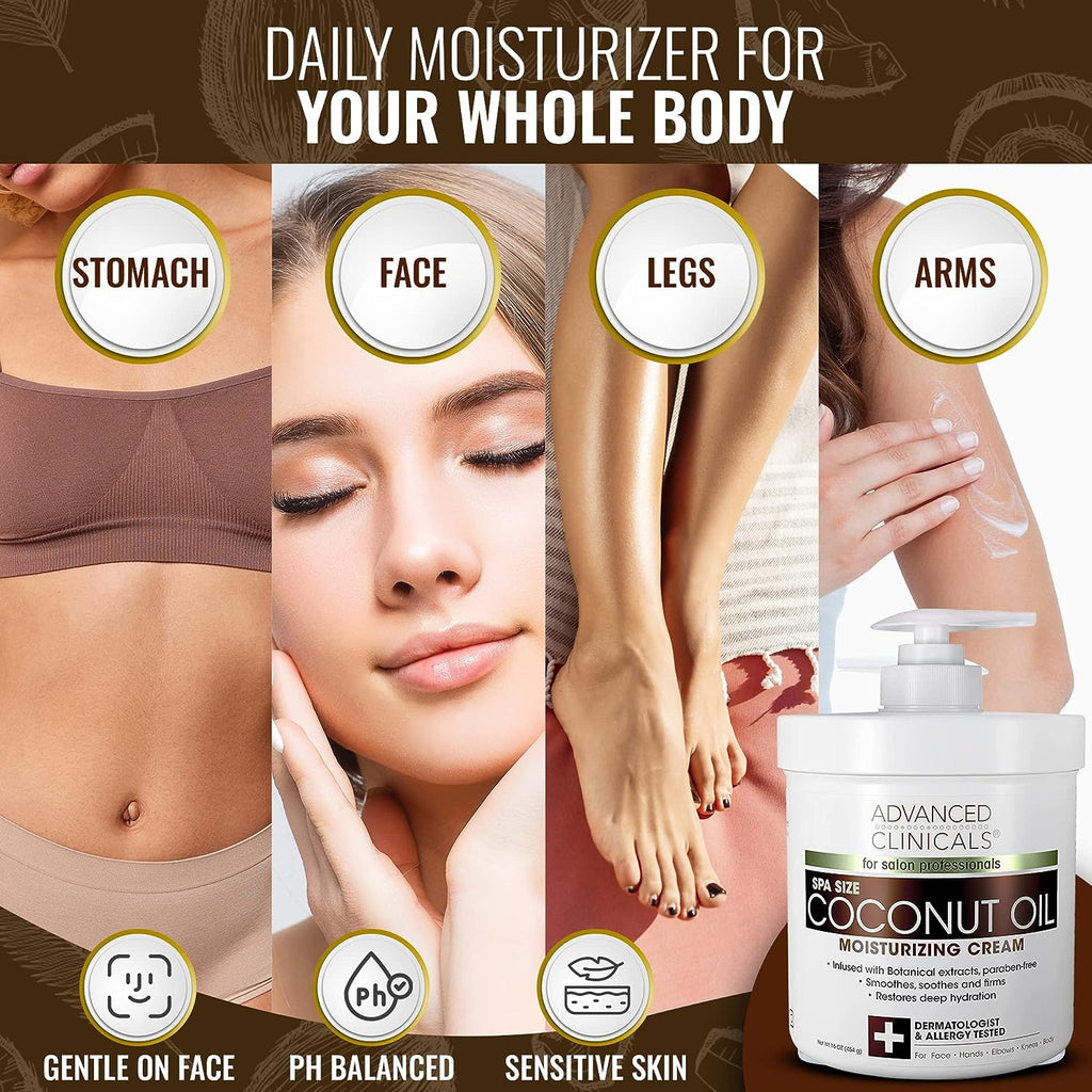 Advanced Clinicals Coconut Body Lotion Moisturizing Cream &amp; Face Lotion | Coconut Oil Lotion For Women &amp; Men | Natural Coconut Cream Moisturizer Body Butter Skin Care Balm For Dry Skin, Large 16 Oz