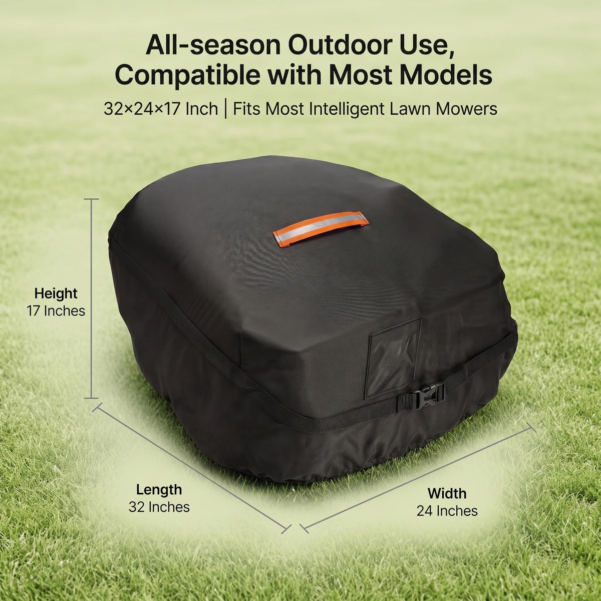 Robot Lawn Mower Cover Waterproof, 420D Outdoor Robotic Mower Cover, Black | 420D waterproof fabric, backyard robotic mower storafor rain snow dust sun, webbing strap,  buckle, elastic hem, vent
