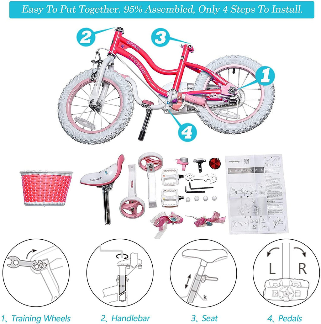 RoyalBaby Girls Kids Bike Stargirl 12 14 16 18 Inch Bicycle 3-9 Years Old Basket Training Wheels Kickstand Pink Blue Child's Cycle