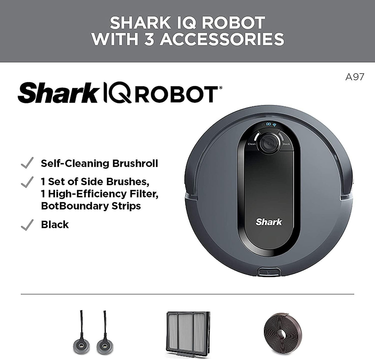 Shark IQ Robot Vacuum AV970 Self Cleaning Brushroll, Advanced Navigation, Perfect for Pet Hair, Works with Alexa, Wi Fi, xl dust bin, A black finish